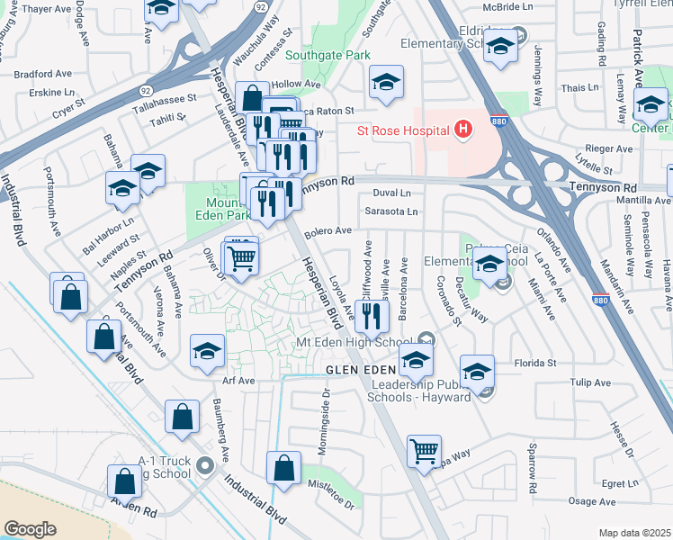 map of restaurants, bars, coffee shops, grocery stores, and more near 27574 Loyola Avenue in Hayward