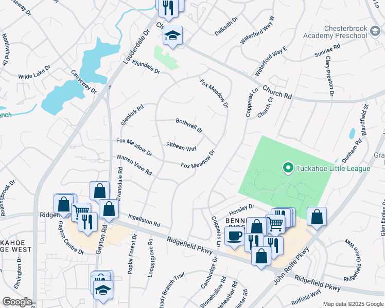 map of restaurants, bars, coffee shops, grocery stores, and more near 11111 Sithean Way in Richmond