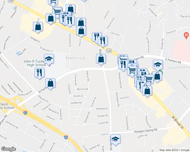 map of restaurants, bars, coffee shops, grocery stores, and more near 3109 North Parham Road in Richmond