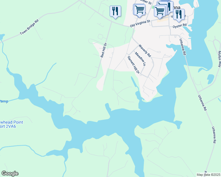 map of restaurants, bars, coffee shops, grocery stores, and more near 454 Laurel Hill Drive in Urbanna