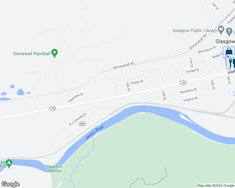 map of restaurants, bars, coffee shops, grocery stores, and more near 1524 Rockbridge Road in Glasgow