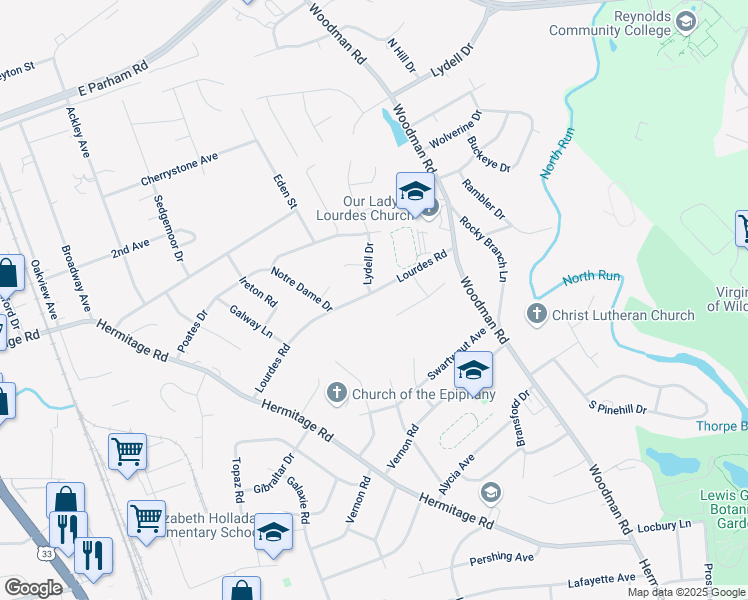 map of restaurants, bars, coffee shops, grocery stores, and more near 2311 Lourdes Road in Henrico