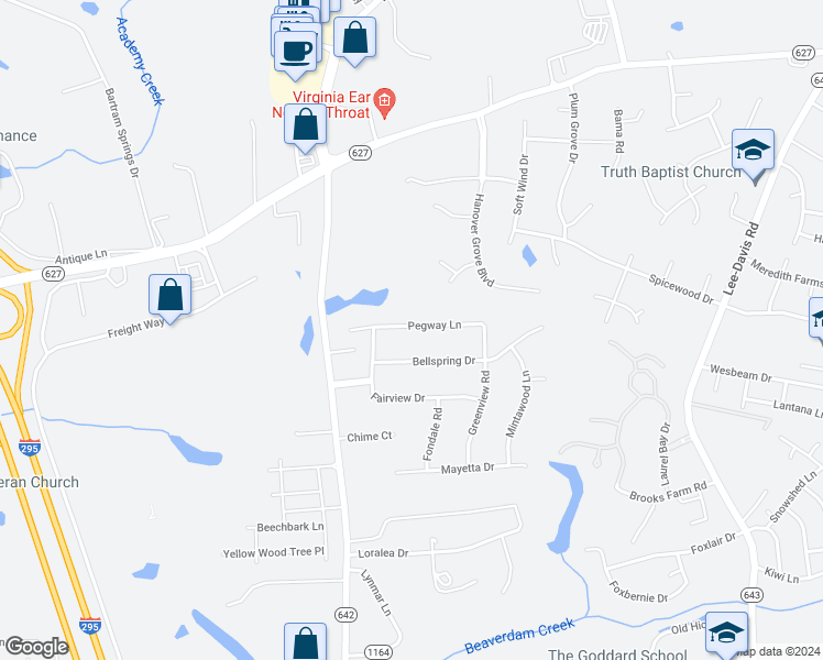 map of restaurants, bars, coffee shops, grocery stores, and more near 7250 Pegway Lane in Mechanicsville