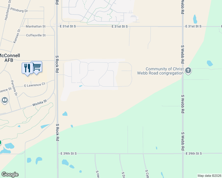 map of restaurants, bars, coffee shops, grocery stores, and more near 3632 South Rock Road in Wichita