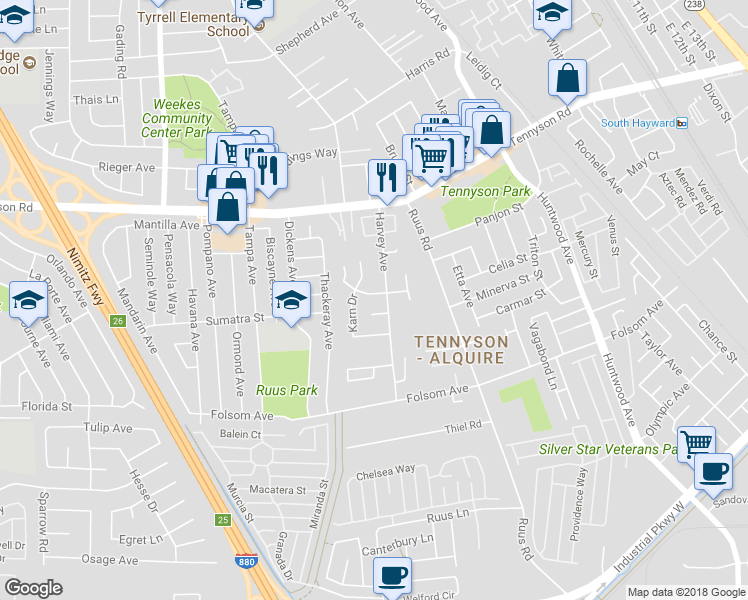map of restaurants, bars, coffee shops, grocery stores, and more near 1118 Lovelock Way in Hayward