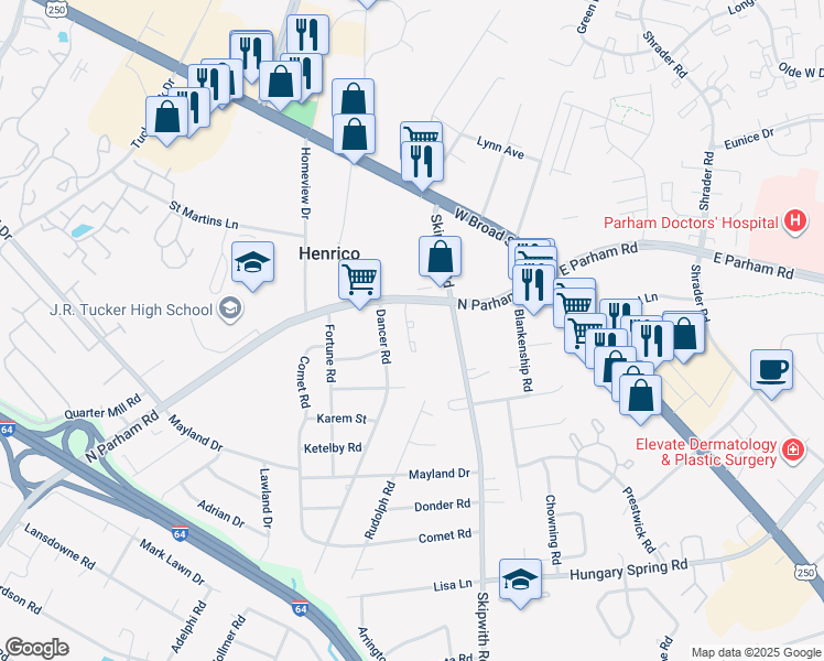 map of restaurants, bars, coffee shops, grocery stores, and more near 3109 North Parham Road in Henrico