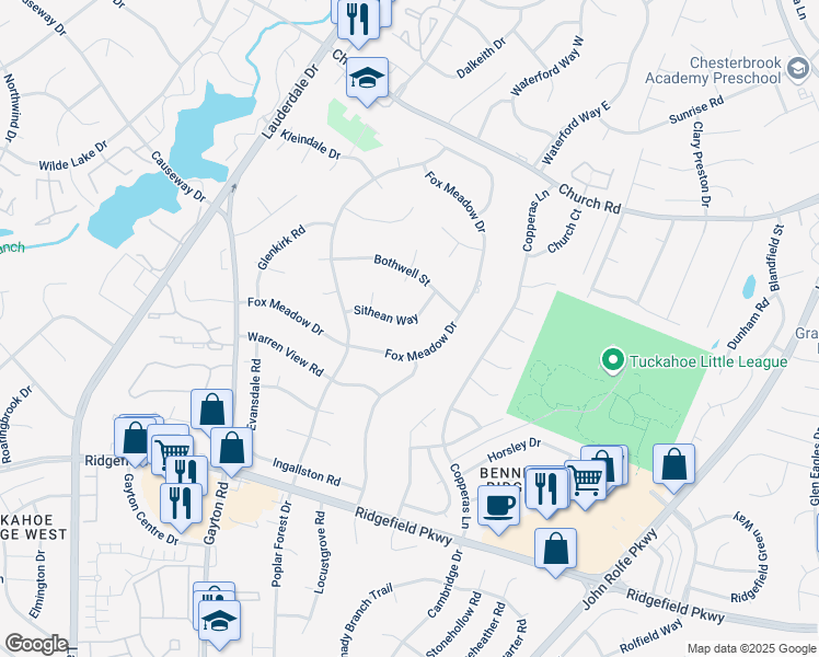 map of restaurants, bars, coffee shops, grocery stores, and more near 11111 Sithean Way in Richmond