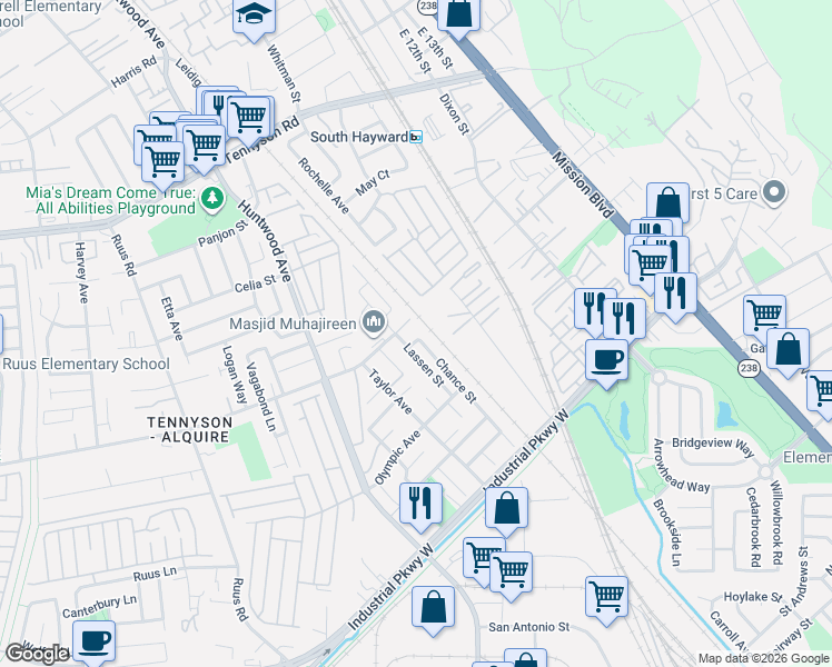 map of restaurants, bars, coffee shops, grocery stores, and more near 29288 Chance Street in Hayward