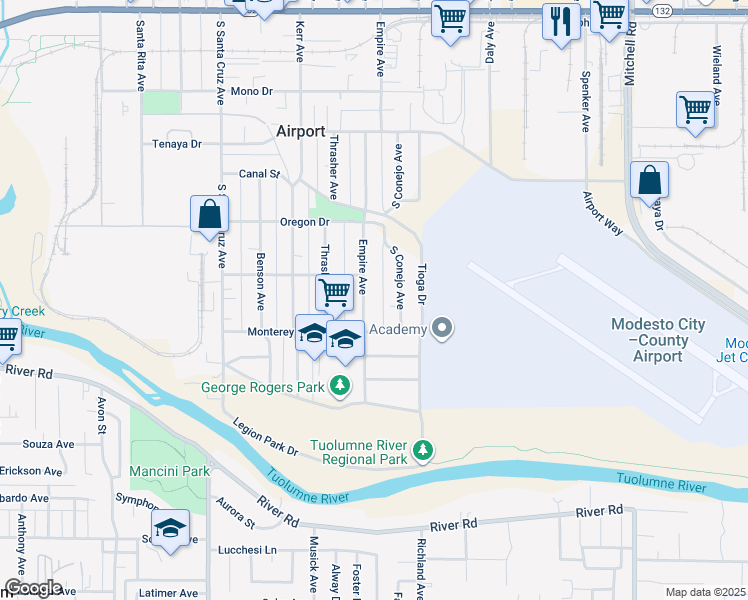 map of restaurants, bars, coffee shops, grocery stores, and more near 716 Empire Avenue in Modesto