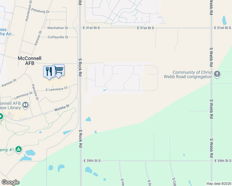 map of restaurants, bars, coffee shops, grocery stores, and more near 3632 South Rock Road in Wichita