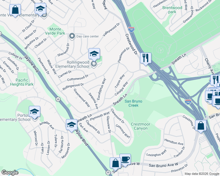 map of restaurants, bars, coffee shops, grocery stores, and more near 2501 Fleetwood Drive in San Bruno