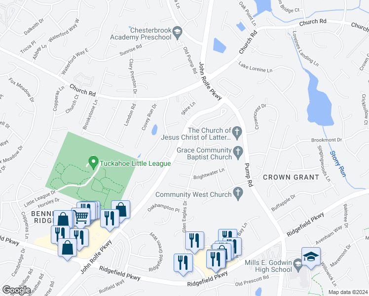 map of restaurants, bars, coffee shops, grocery stores, and more near 12521 Hillgate Lane in Richmond