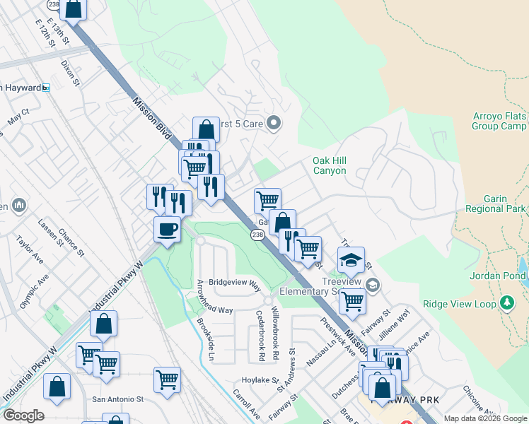 map of restaurants, bars, coffee shops, grocery stores, and more near 548 Garin Avenue in Hayward