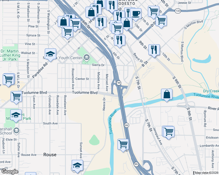 map of restaurants, bars, coffee shops, grocery stores, and more near 206 Merced Avenue in Modesto