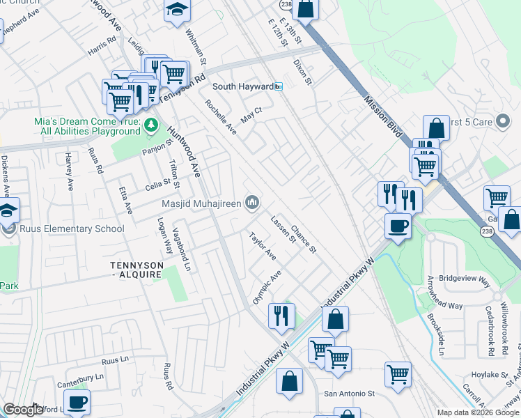 map of restaurants, bars, coffee shops, grocery stores, and more near 29146 Hillview Street in Hayward