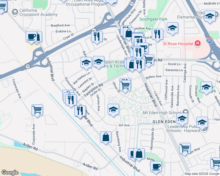 map of restaurants, bars, coffee shops, grocery stores, and more near 2833 Oliver Drive in Hayward