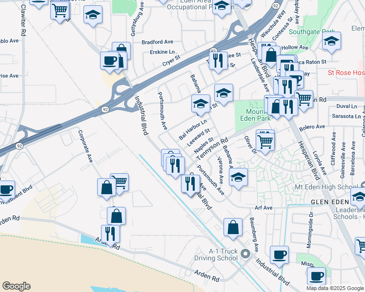 map of restaurants, bars, coffee shops, grocery stores, and more near 2765 Bal Harbor Lane in Hayward