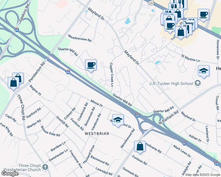 map of restaurants, bars, coffee shops, grocery stores, and more near 3000 Quarter Creek Lane in Henrico