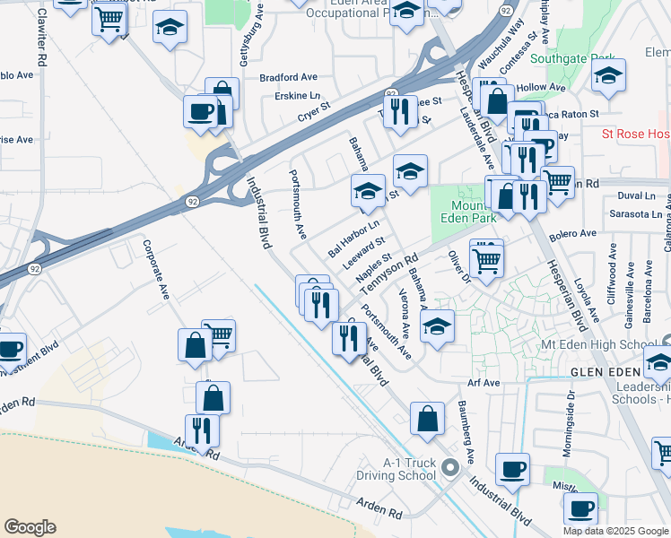map of restaurants, bars, coffee shops, grocery stores, and more near 2765 Bal Harbor Lane in Hayward