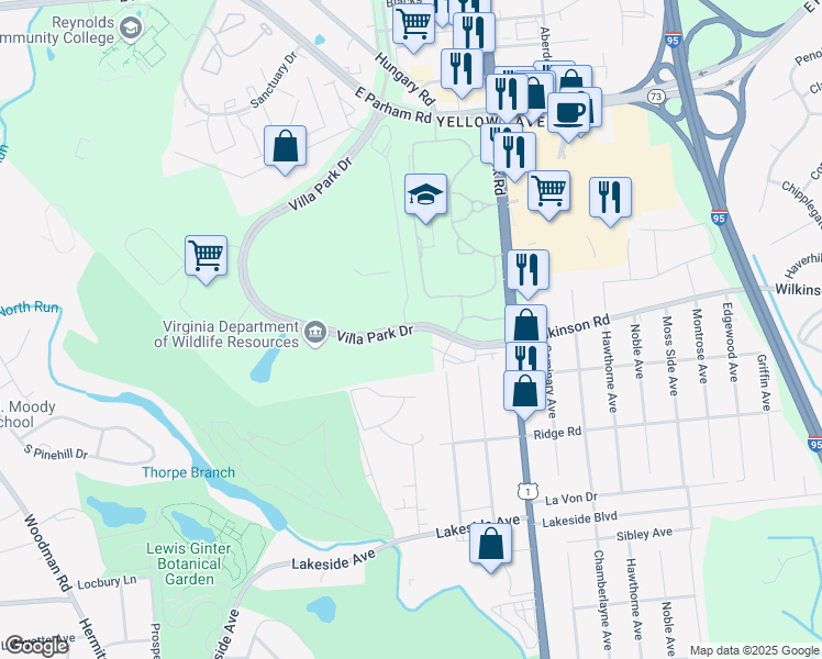 map of restaurants, bars, coffee shops, grocery stores, and more near 8040 Villa Park Dr in Henrico