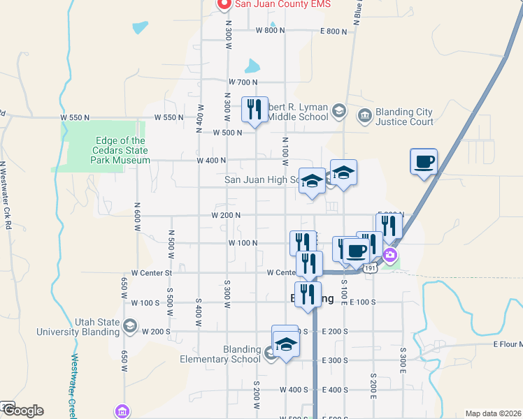 map of restaurants, bars, coffee shops, grocery stores, and more near 190 West 200 North in Blanding