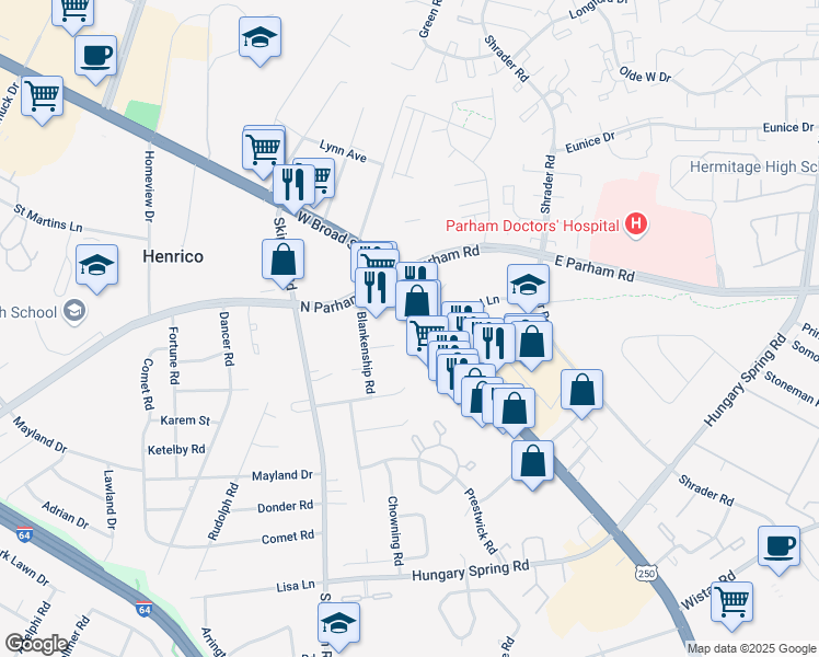 map of restaurants, bars, coffee shops, grocery stores, and more near 8207 Old Parham Road in Henrico