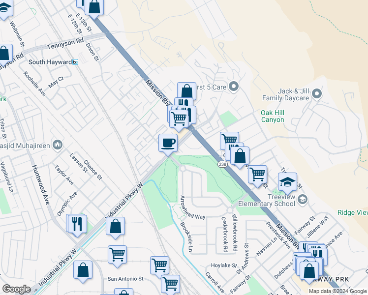 map of restaurants, bars, coffee shops, grocery stores, and more near 29709 Hansen Street in Hayward