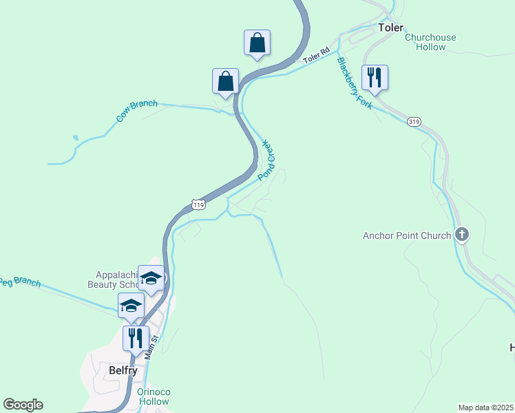 map of restaurants, bars, coffee shops, grocery stores, and more near 2-298 Varney Drive in Belfry