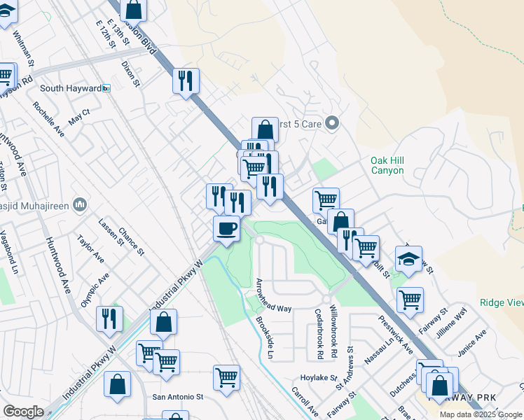 map of restaurants, bars, coffee shops, grocery stores, and more near 29709 Hansen Street in Hayward