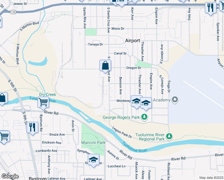 map of restaurants, bars, coffee shops, grocery stores, and more near in Modesto