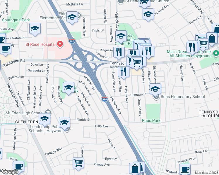 map of restaurants, bars, coffee shops, grocery stores, and more near 27656 Sebastian Way in Hayward
