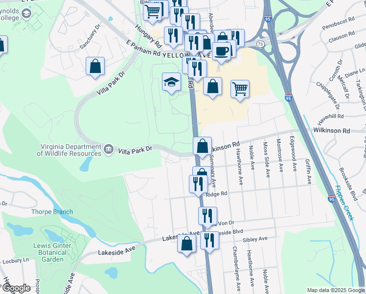 map of restaurants, bars, coffee shops, grocery stores, and more near 7600 Brook Road in Richmond