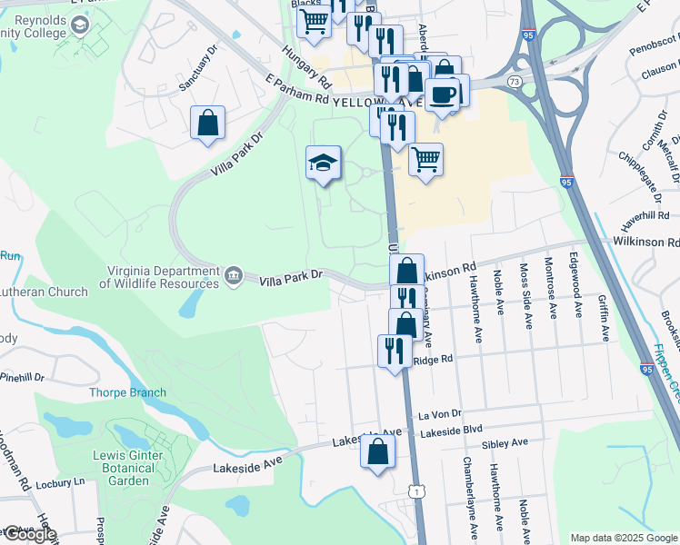 map of restaurants, bars, coffee shops, grocery stores, and more near 7819 Villa Park Drive in Henrico