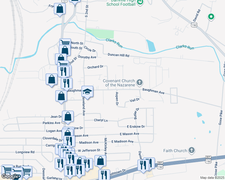 map of restaurants, bars, coffee shops, grocery stores, and more near 308 Baughman Avenue in Danville