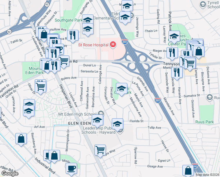 map of restaurants, bars, coffee shops, grocery stores, and more near 27537 Decatur Way in Hayward