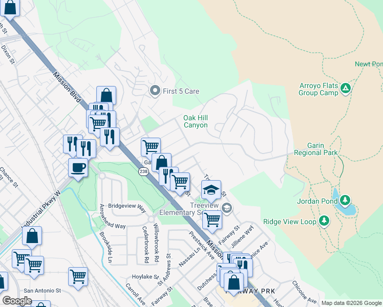 map of restaurants, bars, coffee shops, grocery stores, and more near 674 Gleneagle Avenue in Hayward