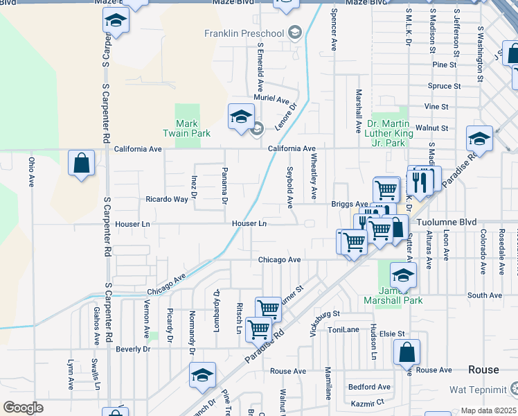 map of restaurants, bars, coffee shops, grocery stores, and more near 1000 Briggs Avenue in Modesto