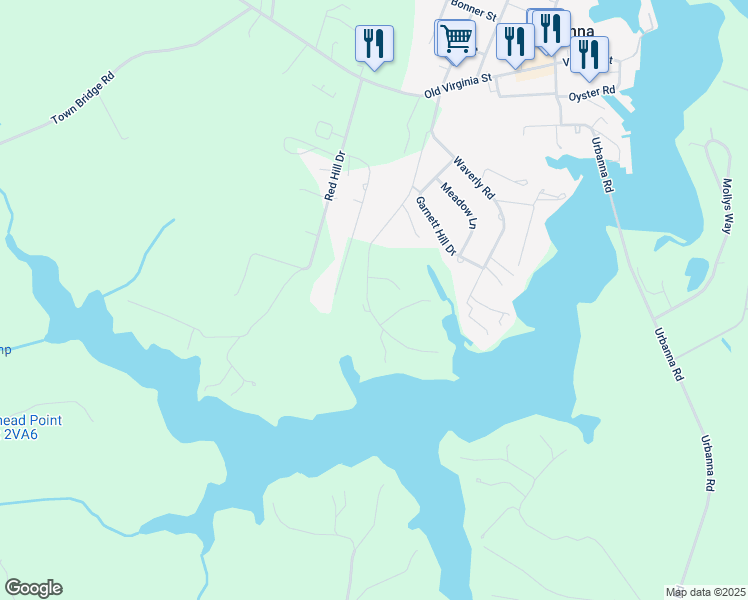 map of restaurants, bars, coffee shops, grocery stores, and more near 443 Laurel Hill Drive in Urbanna