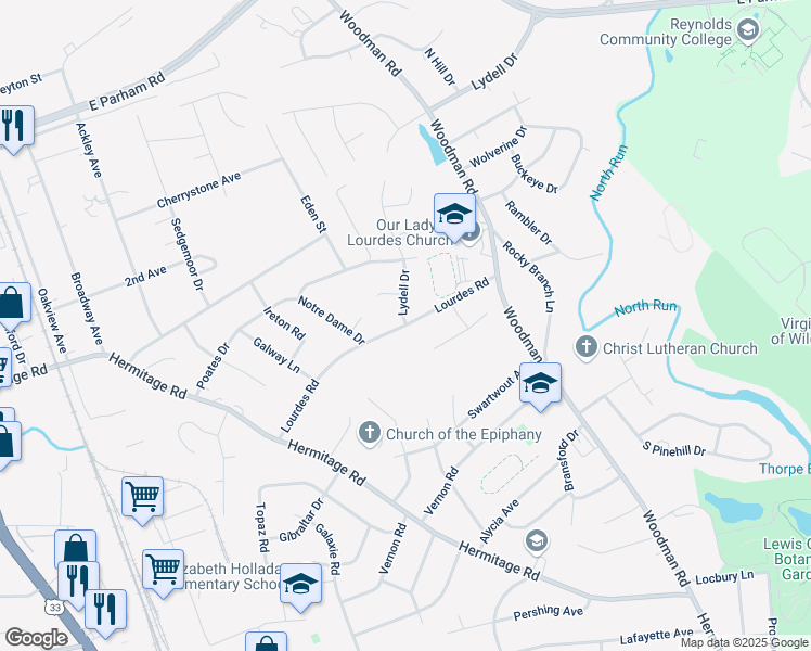 map of restaurants, bars, coffee shops, grocery stores, and more near 2311 Lourdes Road in Henrico