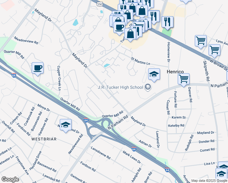 map of restaurants, bars, coffee shops, grocery stores, and more near 9004 Old Mayland Way in Henrico