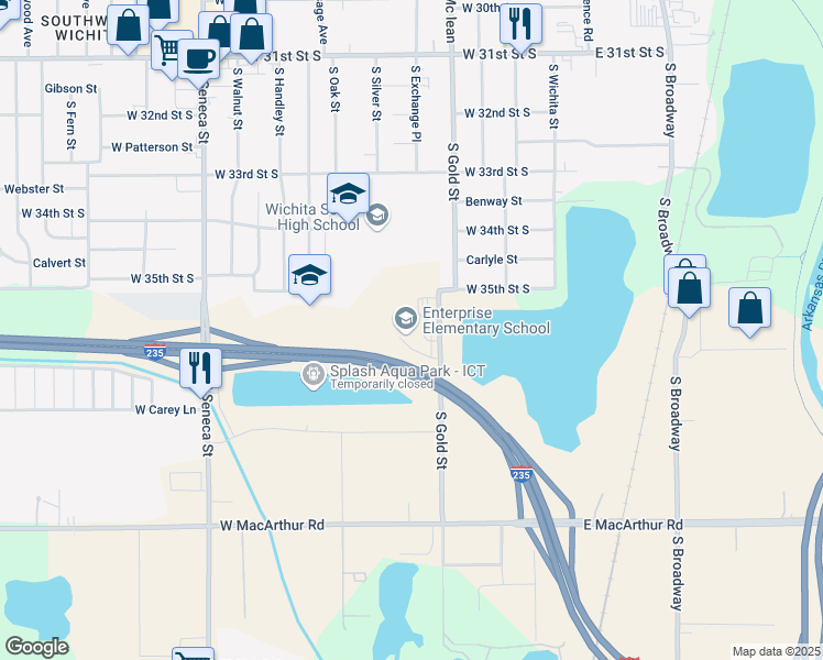 map of restaurants, bars, coffee shops, grocery stores, and more near 3605 South Gold Street in Wichita