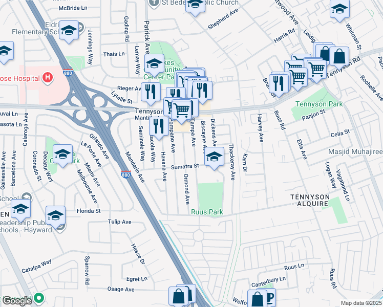 map of restaurants, bars, coffee shops, grocery stores, and more near 27835 Tampa Avenue in Hayward