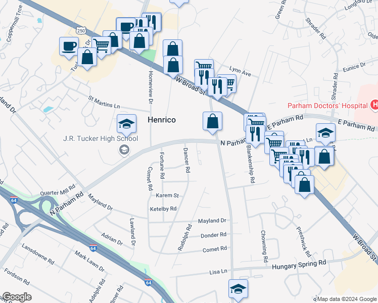 map of restaurants, bars, coffee shops, grocery stores, and more near 3207 Dancer Road in Richmond