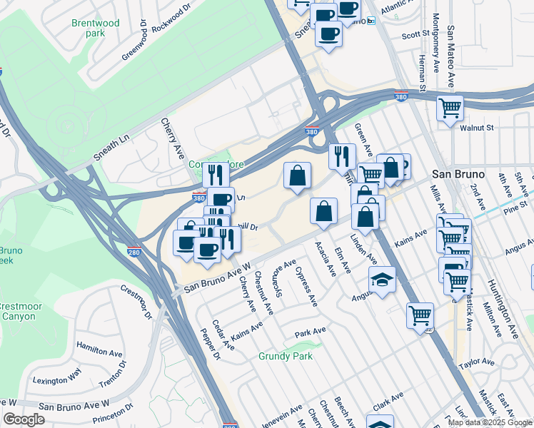 map of restaurants, bars, coffee shops, grocery stores, and more near 1200 Bayhill Drive in San Bruno