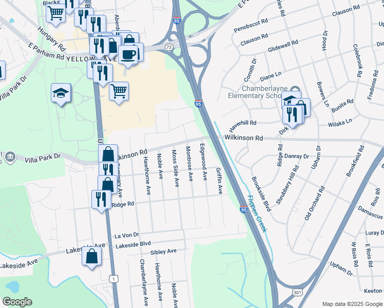 map of restaurants, bars, coffee shops, grocery stores, and more near 7609 Montrose Avenue in Richmond