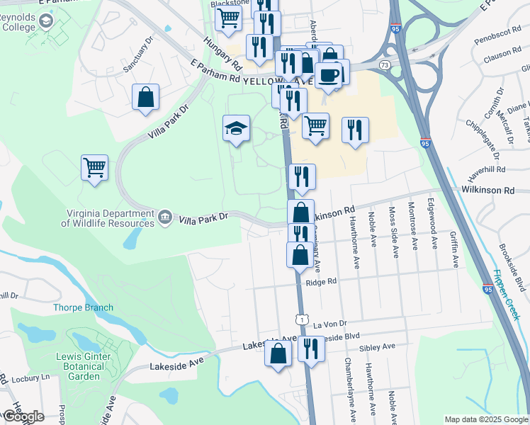 map of restaurants, bars, coffee shops, grocery stores, and more near 7600 Brook Road in Richmond