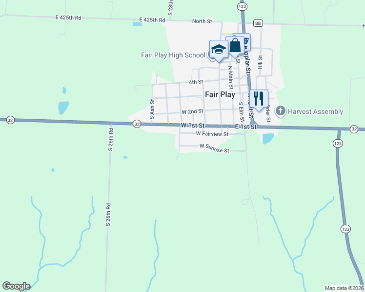 map of restaurants, bars, coffee shops, grocery stores, and more near 401 West Sunrise Street in Fair Play