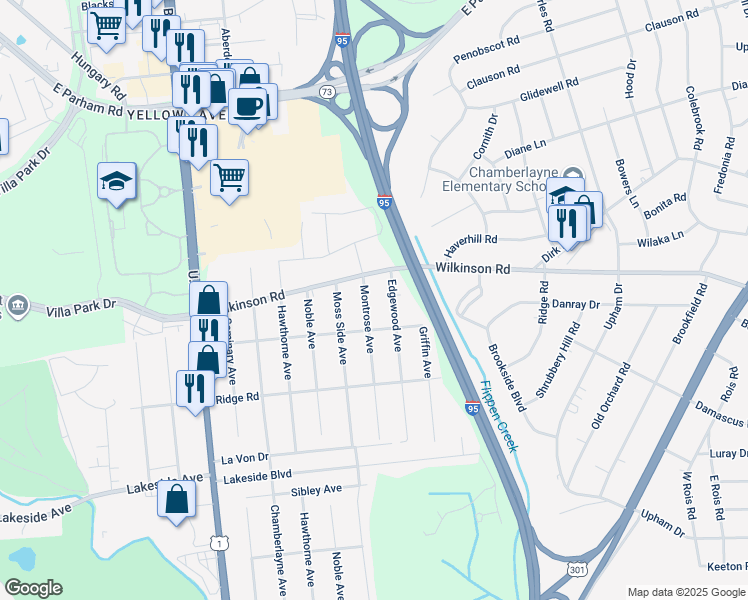 map of restaurants, bars, coffee shops, grocery stores, and more near 7609 Montrose Avenue in Richmond