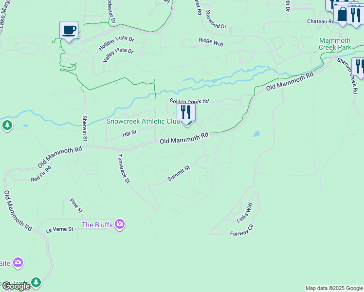 map of restaurants, bars, coffee shops, grocery stores, and more near 34 Crawford Avenue in Mammoth Lakes
