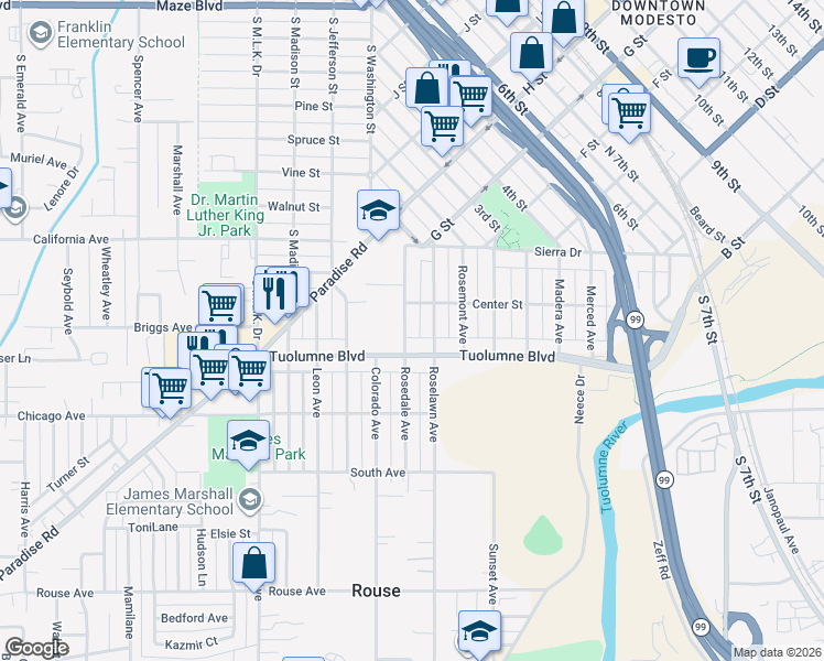 map of restaurants, bars, coffee shops, grocery stores, and more near 218 Rosedale Avenue in Modesto